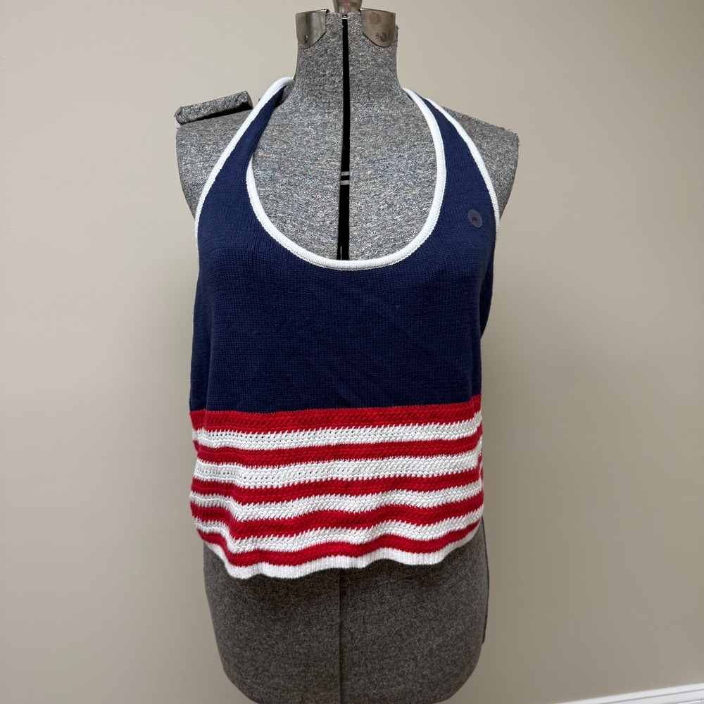 Aeropostale Americana Halter Top USA 2XL Blue White Cotton Breezy Sweater Knit